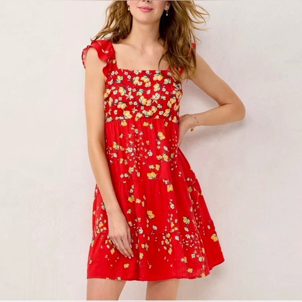 LC Lauren Conrad NWT Ruffle Fit & Flare Apron Linen‎ Dress Red Lemon Orchard M - Picture 2 of 12
